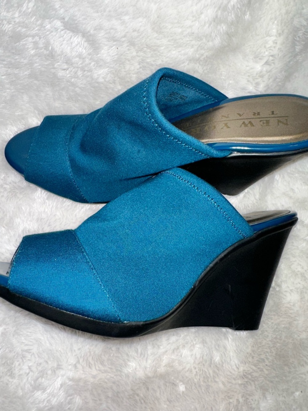 New York Transit Teal Open-Toe Wedge Mules - Slip-On